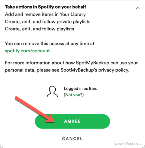 Spotify'a SpotMyBackup erişimini onaylama