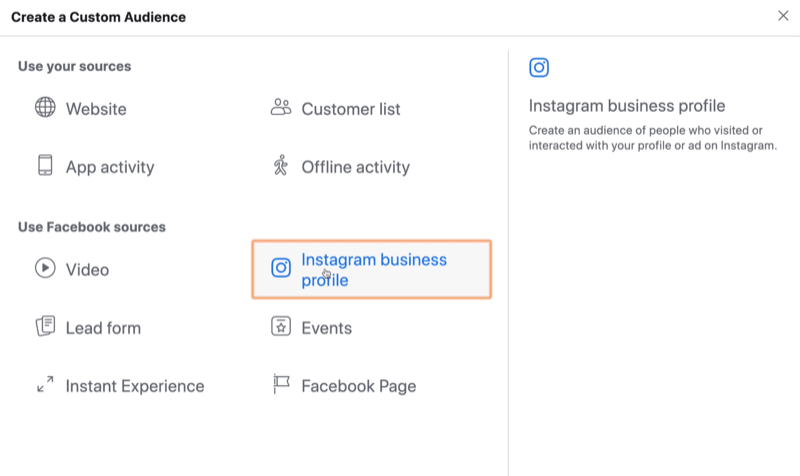 Facebook özel kitlesi için kaynak olarak Instagram Business'ı seçin