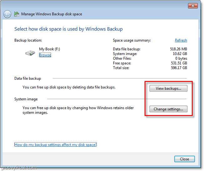 Windows 7 Yedekleme - boyutunu ayarlamak için yedeklemenizi görüntüleyin veya ayarları değiştirin