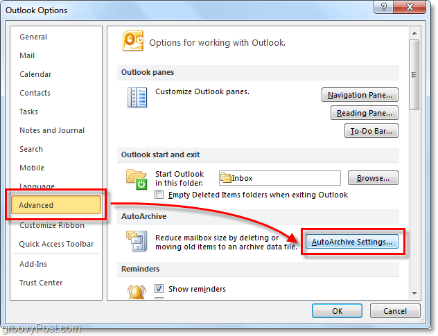 Gelişmiş> Outlook 2010'da otomatik arşiv ayarları