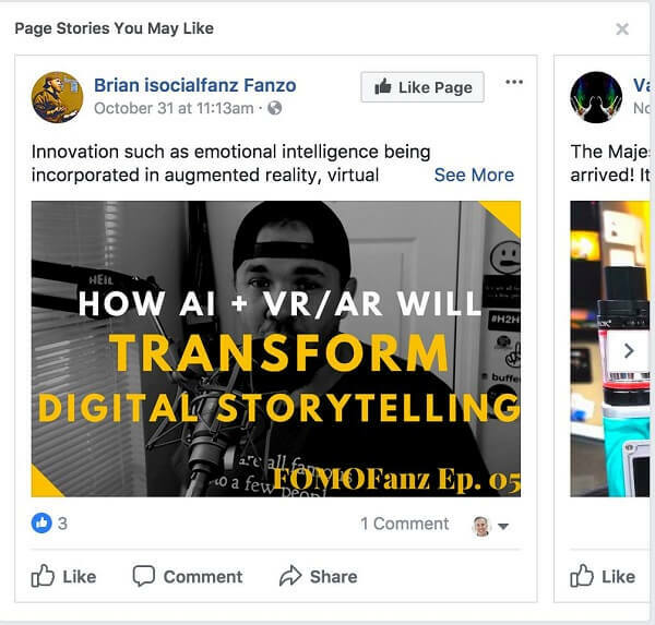 Facebook, Haber Kaynağınızdaki gönderiler arasında "Beğenebileceğiniz Sayfa Hikayeleri" ni önerir.