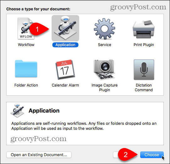 Mac için Automator'da Uygulama türünü seçin