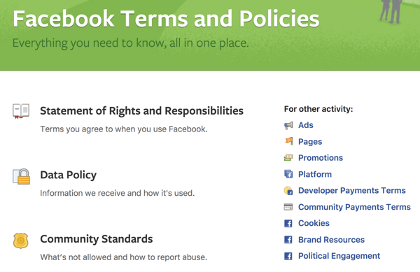 Facebook, bilmeniz gereken tüm Şartları ve Politikaları ana hatlarıyla belirtir.