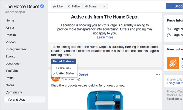 Facebook sayfasının şu anda global olarak veya belirli bir ülkede yayınladığı tüm reklamları görmek için açılır menüden bir bölge seçin.