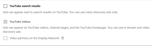 YouTube reklamları kampanyası nasıl oluşturulur, 11. adım, ağ görüntüleme seçeneklerini ayarlama