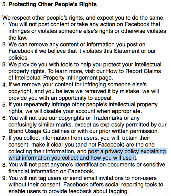 Gizlilik politikası gerekliliğini özetleyen Facebook Koşulları.