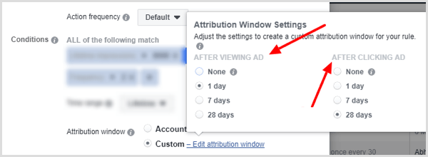 Facebook kuralı için koşul oluştururken İlişkilendirme Penceresi Ayarları seçenekleri