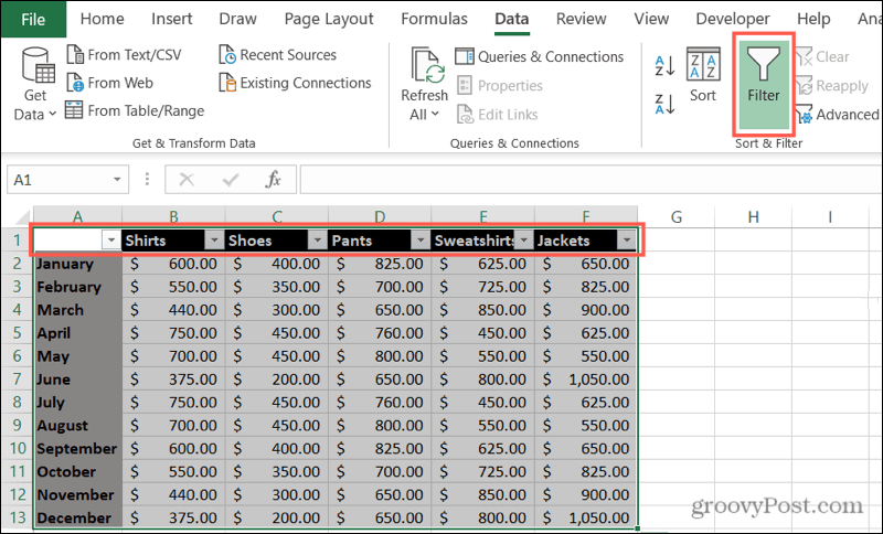 Excel'de Filtreleri Etkinleştir