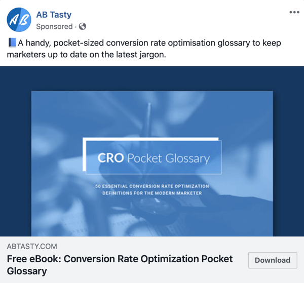 Sonuç sağlayan Facebook reklam teknikleri, örneğin AB Tasty'nin ücretsiz içerik sunması