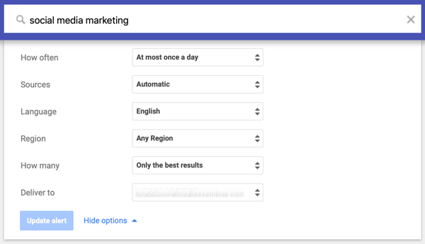 Google uyarınızın sıklığı, kaynakları, dili, bölgesi, hacmi ve teslim yöntemiyle ilgili ayarlar.