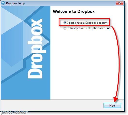 Dropbox ekran görüntüsü - yeni bir hesap oluşturmayı seçin