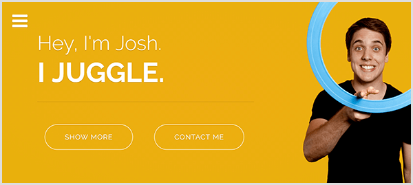 Josh Horton'ın hokkabazlık web sitesinde sarı bir arka plan, Josh'un gülümseyen ve açık mavi bir hokkabazlık yüzüğünü işaret parmağının etrafında döndürdüğü bir fotoğrafı ve Hey I'm Josh yazan beyaz metin var. Hokkabazlık yapıyorum.
