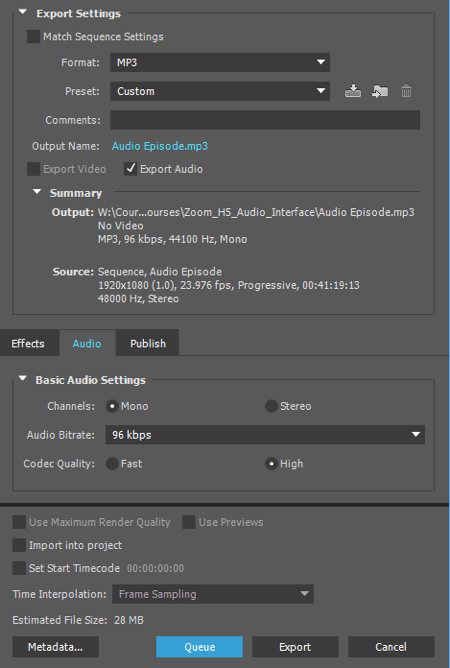Adobe Premiere'de sesinizi bir MP3 dosyası olarak dışa aktarın.