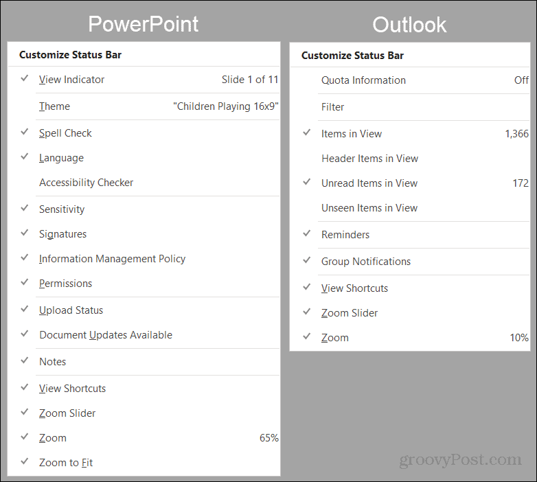 PowerPoint ve Outlook Durum Çubuğu Seçenekleri