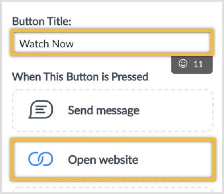 Bir düğme başlığı yazın ve Web Sitesini Aç seçeneğini seçin.