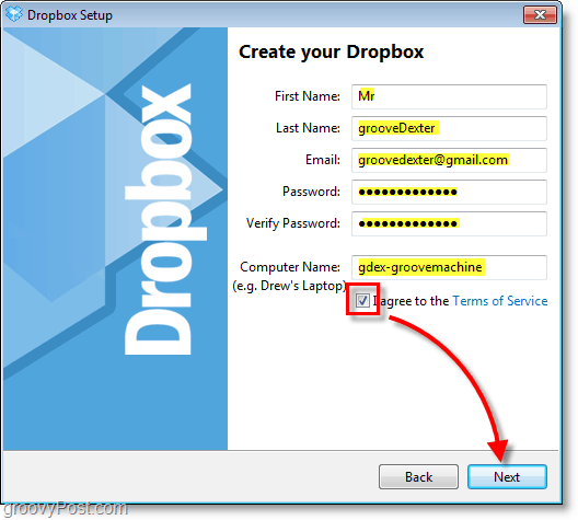 Dropbox ekran görüntüsü - hesap bilgilerinizi girin