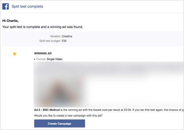 Facebook split testiniz tamamlandıktan sonra bir e-posta alırsınız.