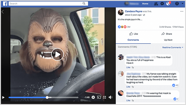 Candace Payne, Kohl'un otoparkından bir Chewbacca maskesiyle Facebook'ta canlı yayına girdi. Bu ekran görüntüsünün çekildiği sırada videosu 3,4 milyon paylaşıma ve 174 milyon görüntülemeye sahipti.