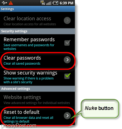android tarayıcı nuke düğmesi, fabrika varsayılanlarına sıfırlama ve şifreleri temizleme
