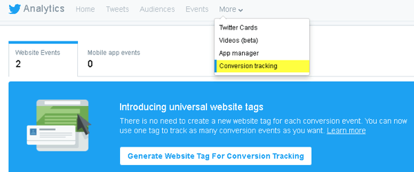 Twitter, dönüşüm izleme ve özel kitleler oluşturmak için web sitenize kod eklemenize olanak tanır.