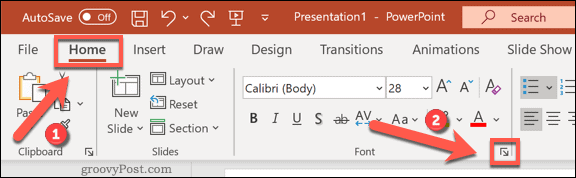 Windows'ta PowerPoint'te Yazı Tipi seçenekleri menüsüne erişim