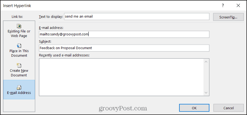Windows'ta Word'de bir e-postaya bağlantı