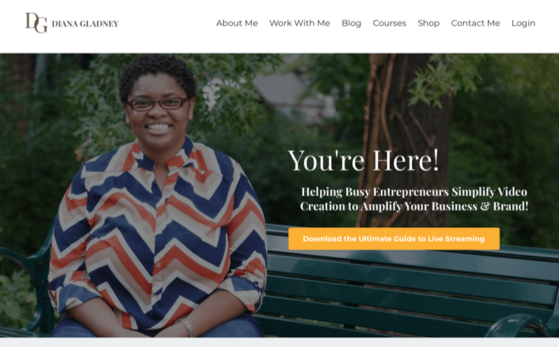 diana gladney'nin web sitesinin ekran görüntüsü, meşgul girişimcilere video oluşturmayı basitleştirmeleri için yardım etme arzusunu vurguluyor
