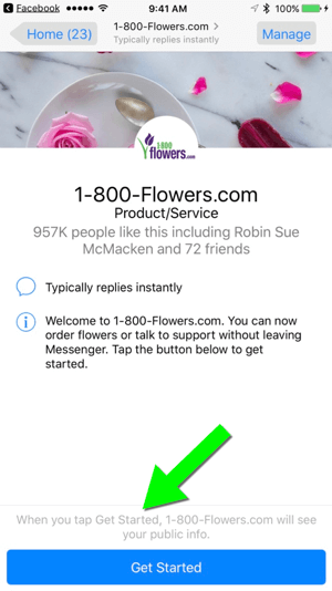 1-800-Flowers.com'a Facebook sayfalarından mesaj göndermek, kullanıcıların müşteri olmalarını kolaylaştırır.