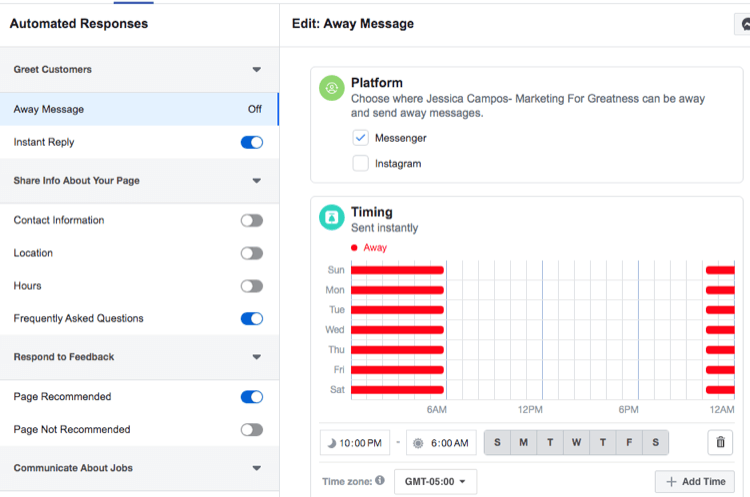 Facebook Messenger dışarıda mesaj otomatik yanıtı için Zamanlama ayarlarının ekran görüntüsü