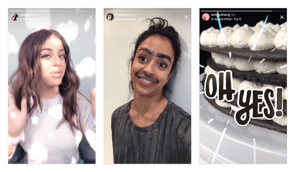 Instagram, Ariana Grande, Buzzfeed, Liza Koshy, Baby Ariel ve NBA tarafından tasarlanan ilk yeni kamera efektlerini Instagram kamerasında piyasaya sürdü ve yakında daha fazla yeni efekt getirmeyi planlıyor.