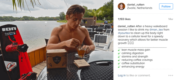 Atlet Daniel Rutten, Man Tea ile birlikte poz veriyor ve Instagram takipçileri için faydalarını vurguluyor.
