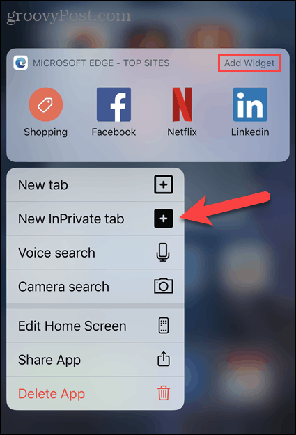İOS'ta Edge simgesinden Yeni InPrivate Sekmesi'ni seçin