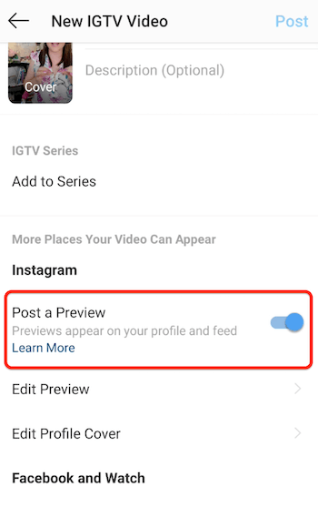 instagram igtv yeni video menü seçenekleri, yayın önizleme seçeneği etkinken