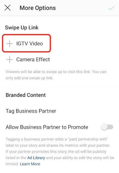 IGTV video seçeneği vurgulanmış olarak yukarı kaydırma bağlantısı eklemek için instagram menü seçenekleri