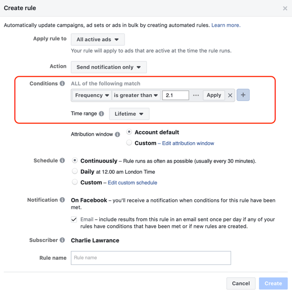 Facebook otomatik kurallarını kullanın, reklam sıklığı 2.1'in üzerinde olduğunda bildirim, 2. adım, koşul ayarları