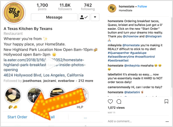 Kullanıcılara Sipariş Başlat işlem düğmesini nasıl kullanacaklarını gösteren Instagram iş gönderisi örneği