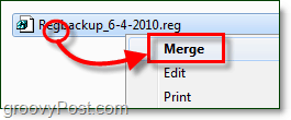 Windows 7 ve Vista'da geri yüklemek için bir kayıt defteri dosyasını birleştirin