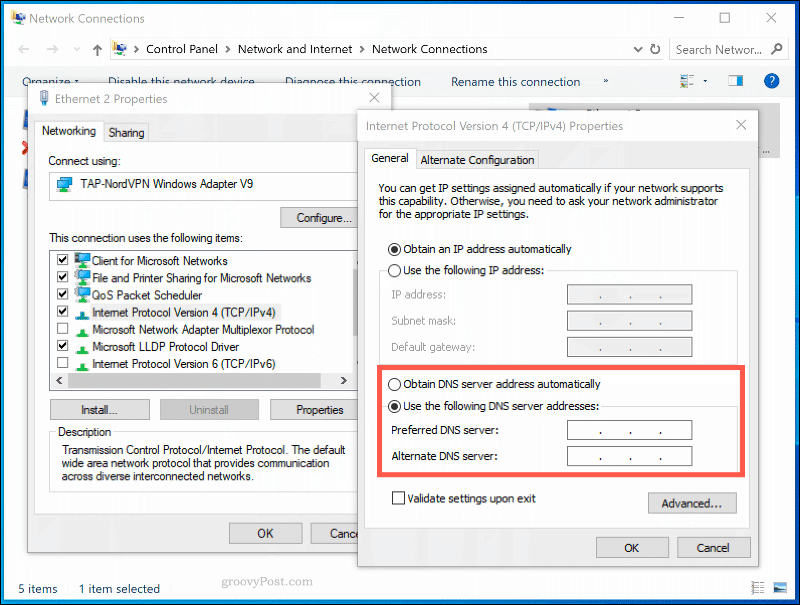 Windows 10'da bir ağ bağlantısı için DNS ayarları penceresi