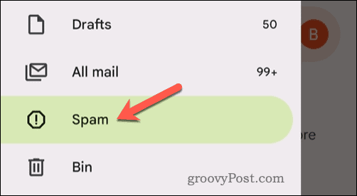 Mobil uygulamada Gmail spam klasörünü açın