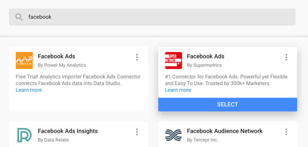 Facebook reklamlarınızı analiz etmek için Google Data Studio'yu kullanın, 4. adım, veri kaynağınız olarak Supermetrics'ten Facebook Ads bağlayıcısını kullanma seçeneği