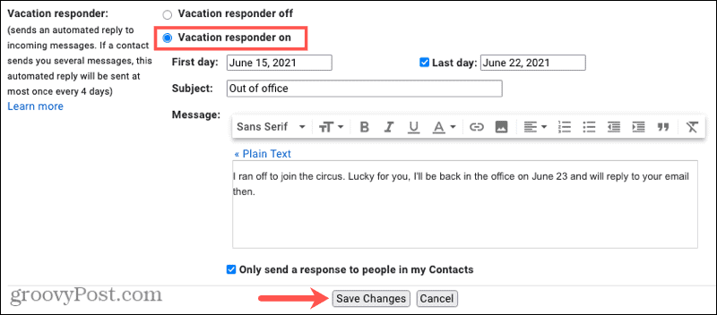 Gmail Ofis Dışında Tatil Yanıtlayıcı çevrimiçi 