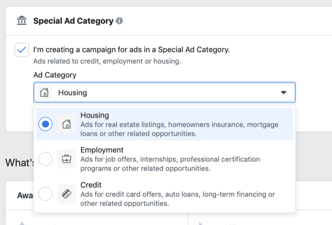 Reklam Kategorisi açılır menüsünde Facebook Özel Reklam Kategorisi seçenekleri