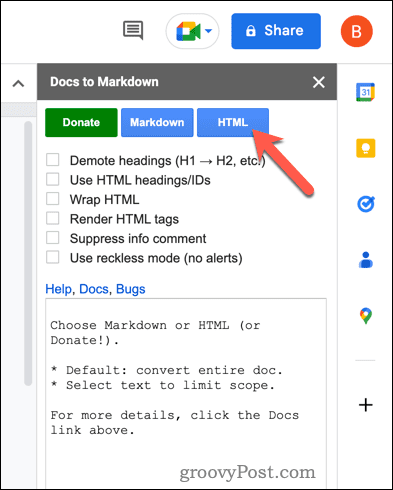 Google Docs'ta Docs to Markdown kullanarak HTML'ye dönüştürme