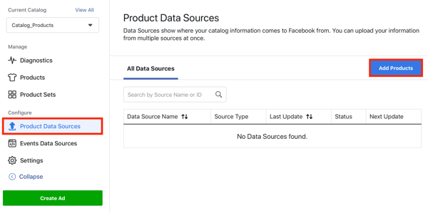 Facebook'taki ürün veri kaynakları sekmesi aracılığıyla ürün eklemek için Facebook Etkinlik Kurulum Aracı, adım 22, menü seçeneğini kullanın