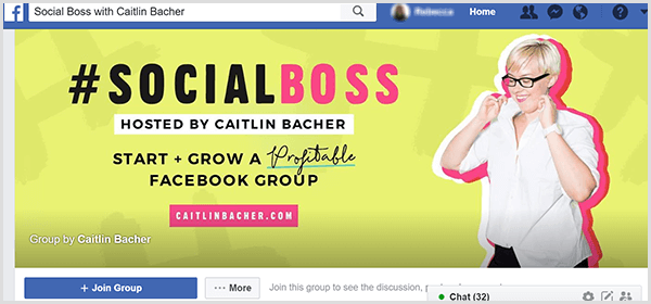 Caitlin Bacher'ın ev sahipliği yaptığı Social Boss Facebook grubu kapak fotoğrafında sarı bir arka plan, metinde pembe vurgular ve Caitlin'in gömlek yakasını kaldırdığı bir fotoğraf var.