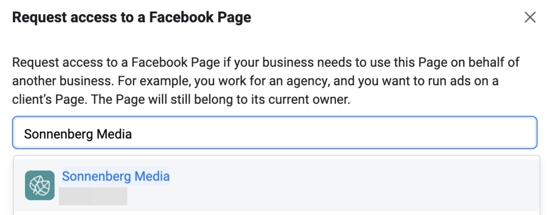 Meta Business Manager'da bir Facebook Sayfasına Erişim İste ekranının görüntüsü