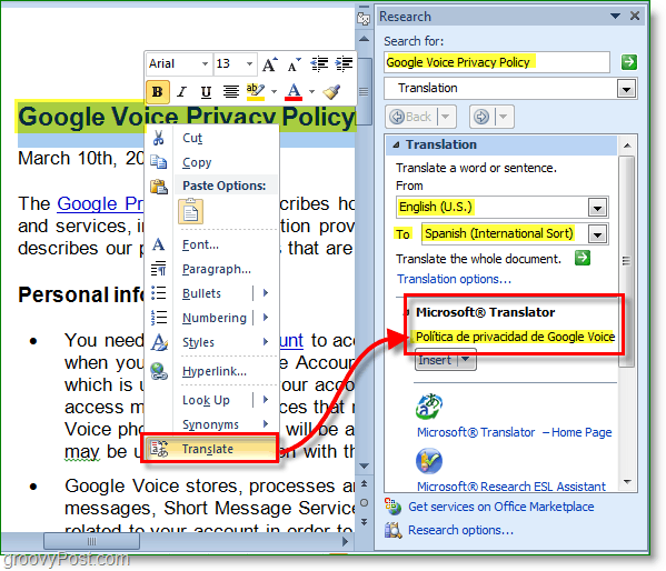 Office 2010, bireysel kelimeleri ve yerleşimleri de çevirebilir