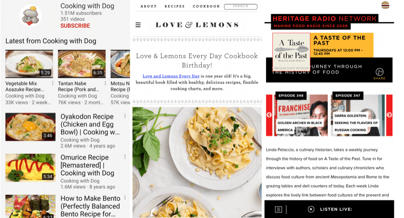 Cooking with Dog YouTube kanalı, Love and Lemons blogu ve A Taste of the Past podcast'inin ekran görüntülerinin bileşimi