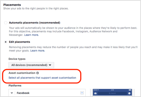 Facebook yerleştirme varlık özelleştirme aracı