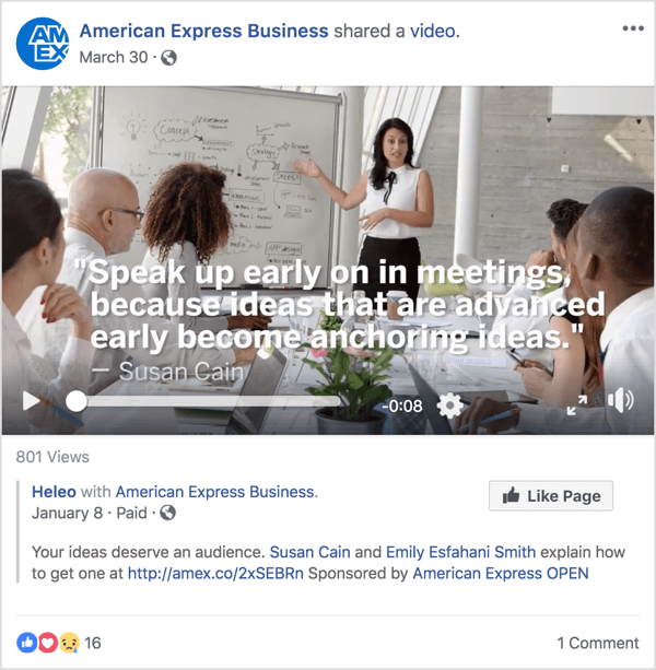 American Express Business için hazırlanan bu Facebook reklamı, kısa süre önce yaptığı bir TED Talk ile ün kazanan tanınmış bir liderlik ve yönetim uzmanı olan Susan Cain'i içeriyor.